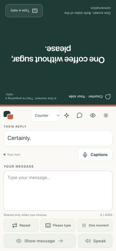 LexiFlip screen: the upper message is rotated for the other person, with their reply and your controls upright below.